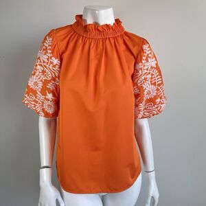 THML Orange Embroidered Poplin Puff Sleeves Top Blouse S Preppy Boho Resortwear